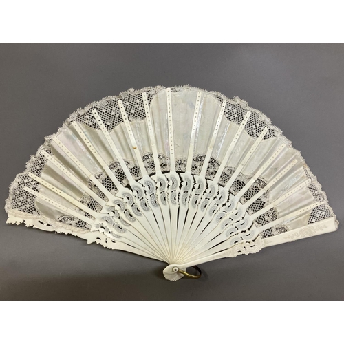 56 - Ann Collier: two fans, the first with bone monture carved, shaped and pierced, the leaf comprising c... 