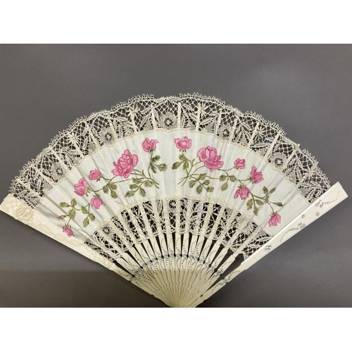 56 - Ann Collier: two fans, the first with bone monture carved, shaped and pierced, the leaf comprising c... 