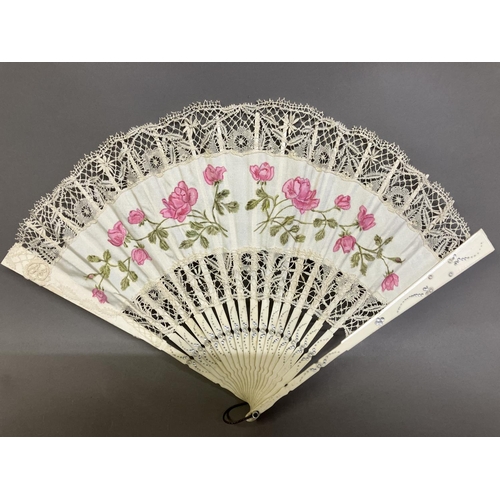 56 - Ann Collier: two fans, the first with bone monture carved, shaped and pierced, the leaf comprising c... 