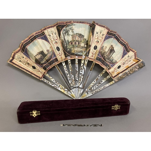 6 - A late 18th century Grand Tour fan, the monture of mother of pearl, gilded, with design to the gorge... 