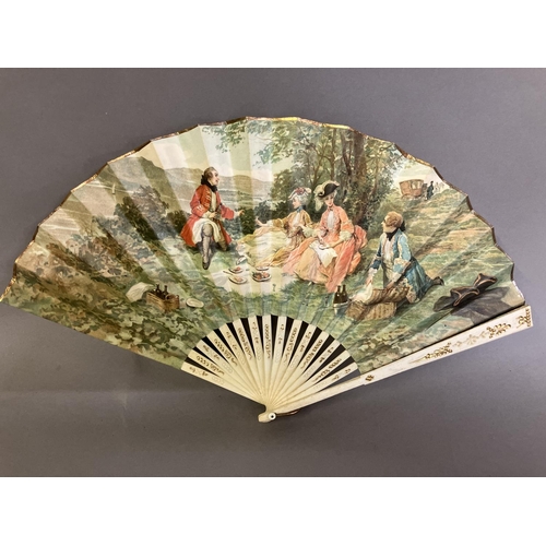 93 - Advertising fans: Five paper fans each mounted on wood, the first of fontange form, featuring the Im... 