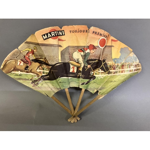 93 - Advertising fans: Five paper fans each mounted on wood, the first of fontange form, featuring the Im... 