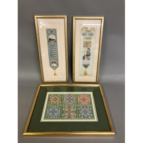 205 - A Thomas Stevens of Coventry woven silk bookmark, framed, featuring a young girl’s offering a bowl o... 