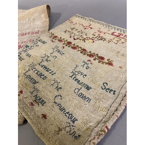 208 - An 18th century Band Sampler dated May the 24th, 1789, by Sarah ?rarrant, longer than normal due to ... 