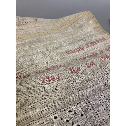 208 - An 18th century Band Sampler dated May the 24th, 1789, by Sarah ?rarrant, longer than normal due to ... 