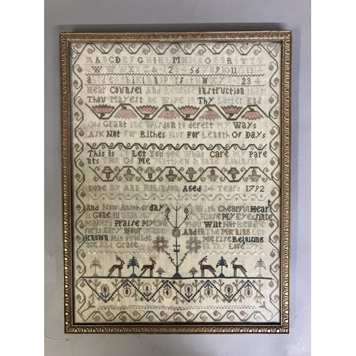 219 - A good 18th century needle work sampler, dated 1792 in three places, alpha-numeric with the addition... 