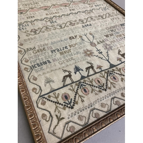 219 - A good 18th century needle work sampler, dated 1792 in three places, alpha-numeric with the addition... 