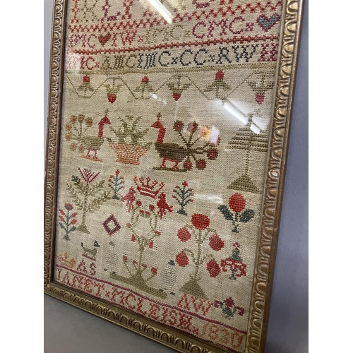 220 - A 19th century needlework sampler worked in bands of the alphabet, some in the Scottish embroidery f... 