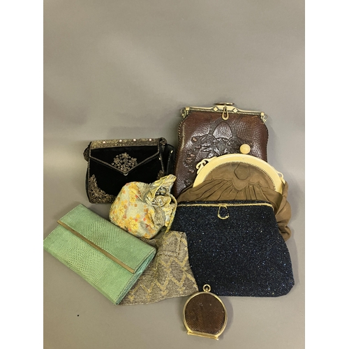 245 - A selection of 19th and 20th century bags: a good Art Nouveau leather bag, embossed on the front pan... 