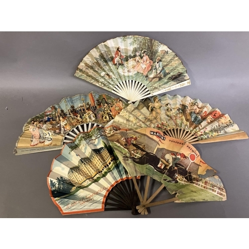 93 - Advertising fans: Five paper fans each mounted on wood, the first of fontange form, featuring the Im... 