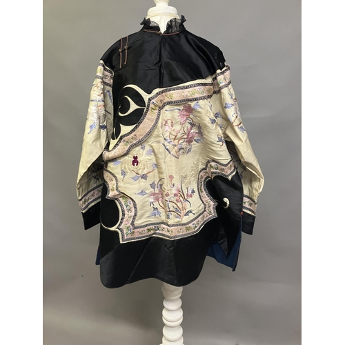 148 - An antique Chinese embroidered silk jacket, Ru, closure to the right, with 5 metal bobble buttons, t... 