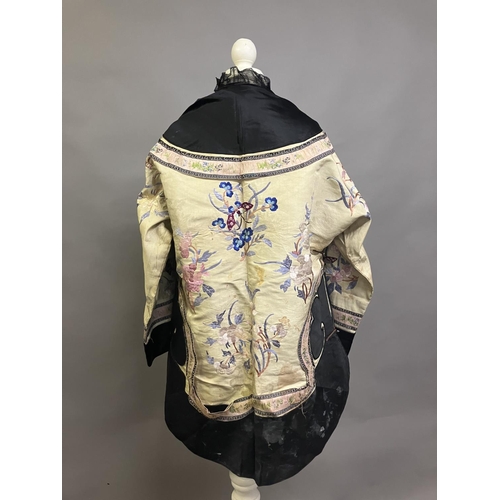 148 - An antique Chinese embroidered silk jacket, Ru, closure to the right, with 5 metal bobble buttons, t... 