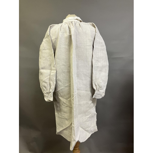 303 - Two mid-19th century rustic gentlemen’s shirts, both heavy linen, from a farming family, with droppe... 