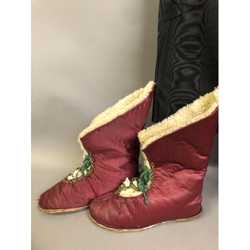 306 - Antique accessories and fabrics: consisting of a pair of Victorian carriage winter boots, leather so... 