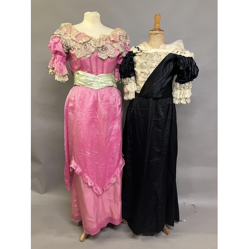 330 - 19th century and Edwardian costume: a late 19th century candy pink silk two piece ensemble, the bodi... 