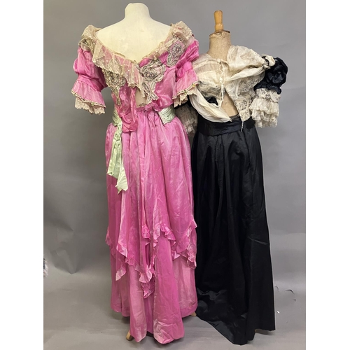 330 - 19th century and Edwardian costume: a late 19th century candy pink silk two piece ensemble, the bodi... 