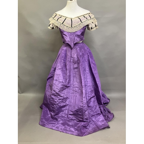 346 - C 1860’s, a dark lilac watered taffeta evening skirt and off the shoulder bodice, lacing at the back... 