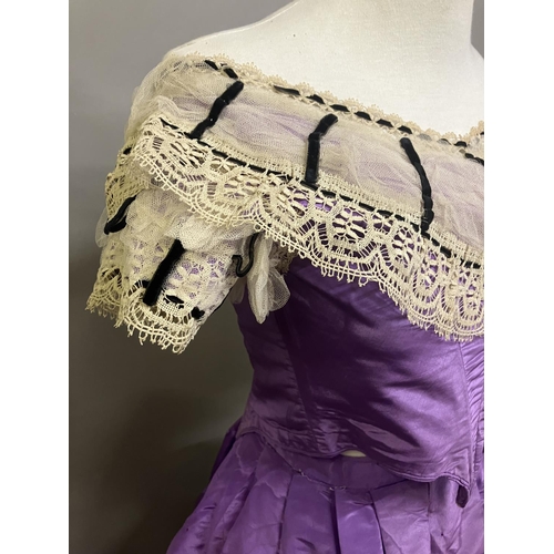 346 - C 1860’s, a dark lilac watered taffeta evening skirt and off the shoulder bodice, lacing at the back... 