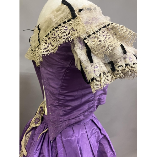 346 - C 1860’s, a dark lilac watered taffeta evening skirt and off the shoulder bodice, lacing at the back... 