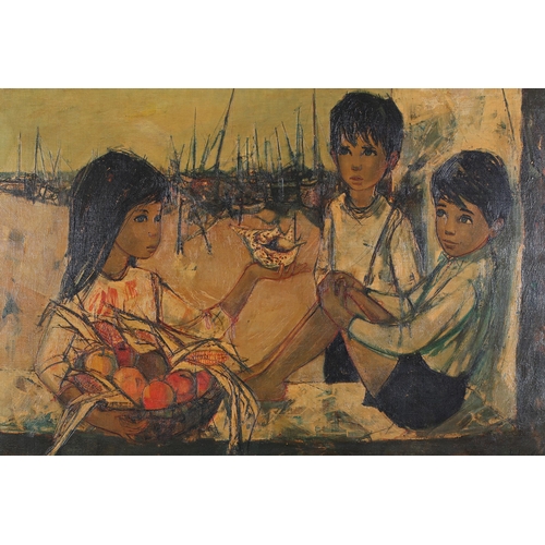 60 - ARR Jean-Baptiste Valadie French (b 1933) , Fisherman's Children, sitting on a wall beside the harbo... 