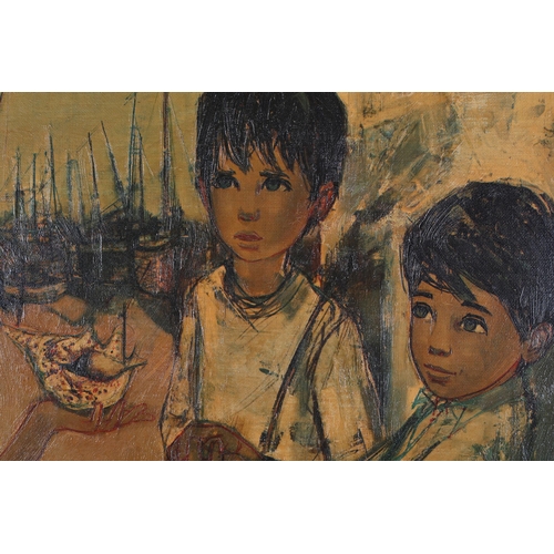 60 - ARR Jean-Baptiste Valadie French (b 1933) , Fisherman's Children, sitting on a wall beside the harbo... 