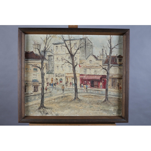 61 - French School mid 20th century, Montmatre, Paris, Street scene with trees and elegant figures, oil o... 