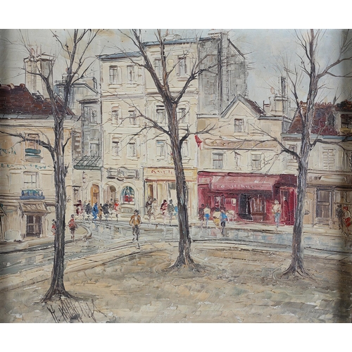 61 - French School mid 20th century, Montmatre, Paris, Street scene with trees and elegant figures, oil o... 