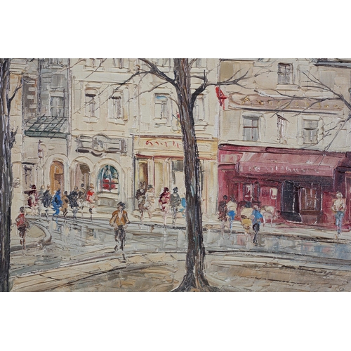 61 - French School mid 20th century, Montmatre, Paris, Street scene with trees and elegant figures, oil o... 