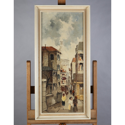 63 - ARR Max Moreau French (act 1950-60), Montmatre, Paris, Street scene with elegant figures, oil on can... 