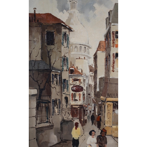 63 - ARR Max Moreau French (act 1950-60), Montmatre, Paris, Street scene with elegant figures, oil on can... 