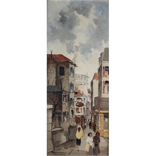 63 - ARR Max Moreau French (act 1950-60), Montmatre, Paris, Street scene with elegant figures, oil on can... 