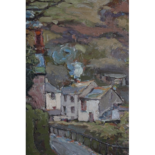 16 - Hurst Balmford (1871-1950), Crumplehorn, Polperro, Street scene with winter trees, oil on board, sig... 