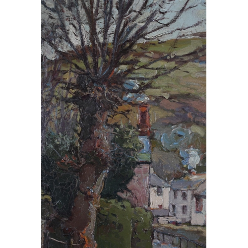 16 - Hurst Balmford (1871-1950), Crumplehorn, Polperro, Street scene with winter trees, oil on board, sig... 