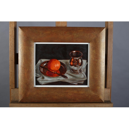 31 - ARR Ruth Bowyer (b 1948), Orange and Silver Mug, oil on board, signed to lower right, with Walker Ga... 