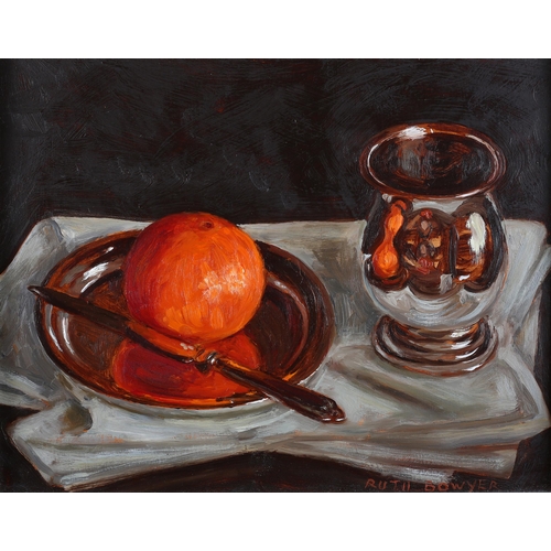 31 - ARR Ruth Bowyer (b 1948), Orange and Silver Mug, oil on board, signed to lower right, with Walker Ga... 