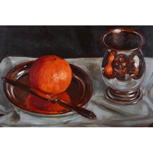 31 - ARR Ruth Bowyer (b 1948), Orange and Silver Mug, oil on board, signed to lower right, with Walker Ga... 