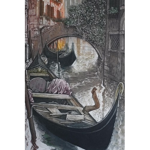 114 - ARR Ugo Baracco Italian (b1949), A Venetian rio with moored gondolas, a pair, coloured etching, sign... 