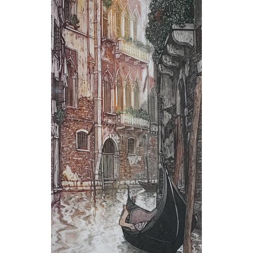 114 - ARR Ugo Baracco Italian (b1949), A Venetian rio with moored gondolas, a pair, coloured etching, sign... 