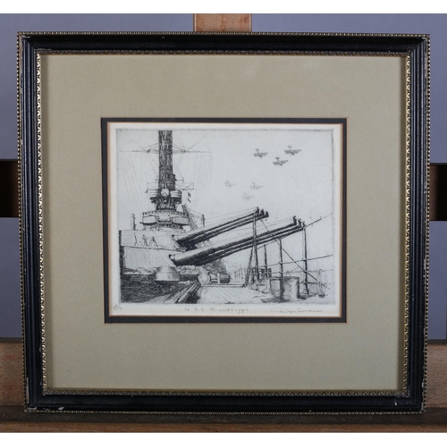 113 - Don Swann American (1889-1954), USS Mississippi, black and white etching, no181/300, signed, titled ... 