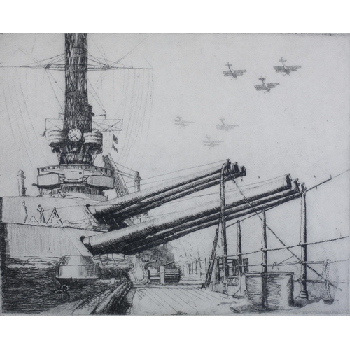 113 - Don Swann American (1889-1954), USS Mississippi, black and white etching, no181/300, signed, titled ... 