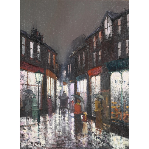 57 - ARR Barry Hilton (b 1941), Edwardian street scene with figures on a rainy night, oil on canvas, sign... 