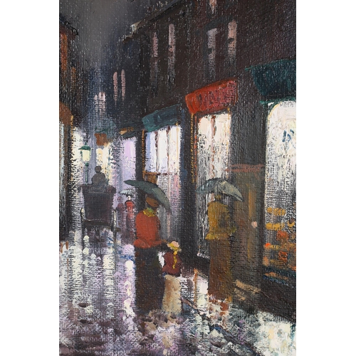 57 - ARR Barry Hilton (b 1941), Edwardian street scene with figures on a rainy night, oil on canvas, sign... 