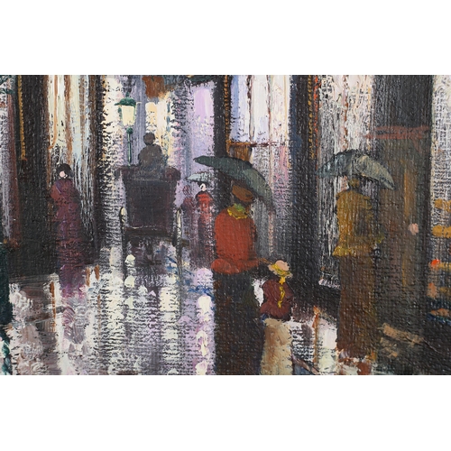 57 - ARR Barry Hilton (b 1941), Edwardian street scene with figures on a rainy night, oil on canvas, sign... 