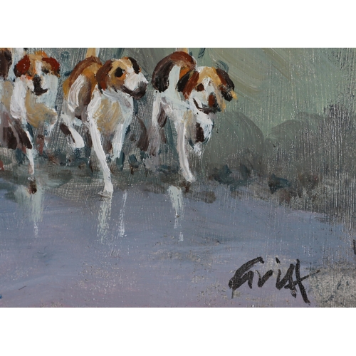 91 - ARR George 'Griff' Griffiths (1939-2017), The hunt and hounds, oil on board, signed to lower right, ... 