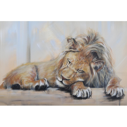 96 - ARR Rayford James Holroyd (b 1978), Sleeping Lion, oil on canvas, signed to lower left, 51cm x 76cm ... 