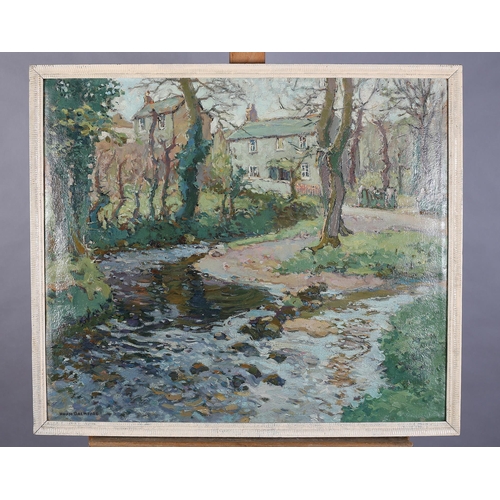 17 - Hurst Balmford (1871-1950), Cornish stream with cottages amongst trees, oil on canvas laid onto card... 