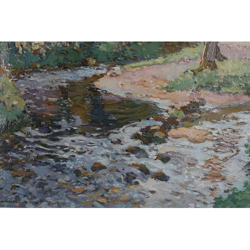 17 - Hurst Balmford (1871-1950), Cornish stream with cottages amongst trees, oil on canvas laid onto card... 