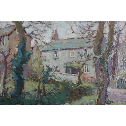 17 - Hurst Balmford (1871-1950), Cornish stream with cottages amongst trees, oil on canvas laid onto card... 