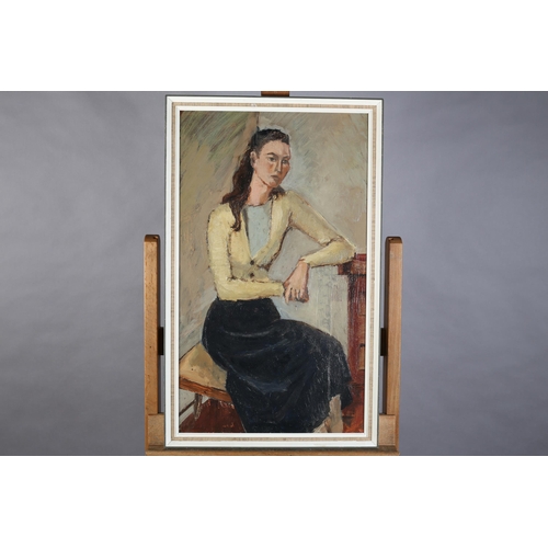 59 - British School, mid 20th century, Girl in yellow, three quarter portrait, oil on board, unsigned, 61... 