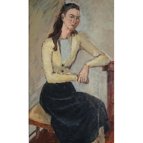 59 - British School, mid 20th century, Girl in yellow, three quarter portrait, oil on board, unsigned, 61... 